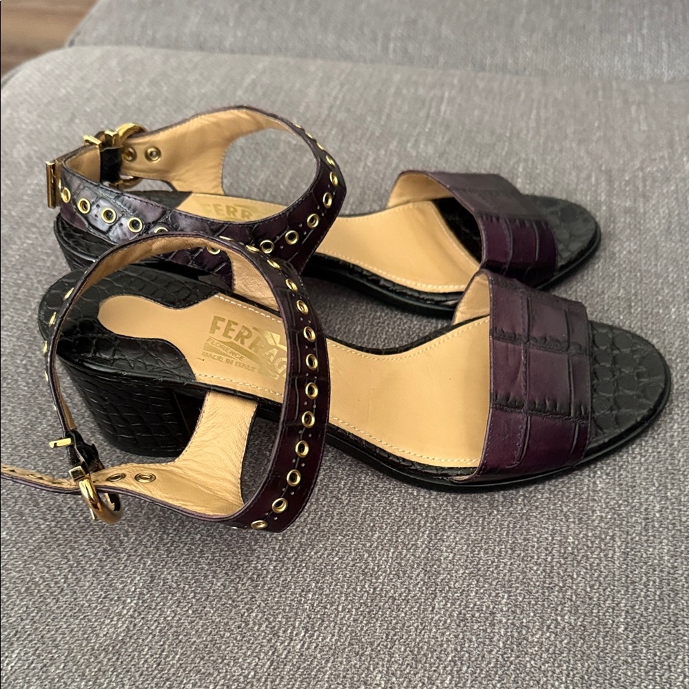Salvatore Ferragamo Black and Purple Embossed Sandals - Picture 4 of 12